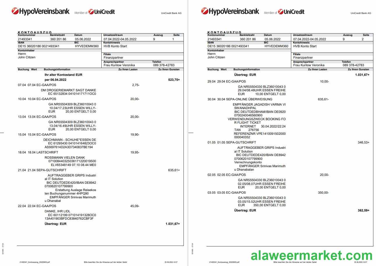 Germany HypoVereinsbank statement on Deutsch, 3 pages